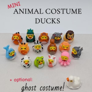 Könnte beinhalten: Eine Sammlung von Miniatur-Gummienten in verschiedenen Tierkostümen, darunter ein Dinosaurier, Tiger, Zebra, Frosch, Hase und Krake. Der Text MINI ANIMAL COSTUME DUCKS und + optional: ghost costume! ist über und unter den Figuren abgedruckt.
