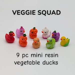 May include: Nine mini resin vegetable ducks in various colors, including red, orange, pink, white, green, and yellow. The ducks are designed to resemble different vegetables. Text on the image reads "VEGGIE SQUAD" and "9 pc mini resin vegetable ducks."