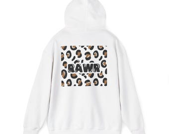 Sudadera unisex con estampado de leopardo RAWR, sudadera acogedora para uso informal, estilo urbano moderno, regalo para amantes de los animales, perfecta para otoño e invierno.