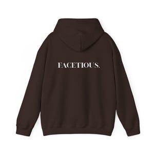 May include: A dark brown hoodie featuring the word "FACETIOUS." in white lettering on the back. The hoodie has a hood and long sleeves. The material looks soft and comfortable.