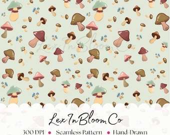 Hand-Drawn Fall Mushroom Seamless Pattern: Whimsical Clipart (PNG Digital Download), Hand-drawn