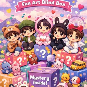 Puede incluir: Ilustración colorida que promociona una BTS Fan Art Blind Box. La imagen presenta figuras de dibujos animados vestidas con disfraces de animales, sentadas en cajas con signos de interrogación. El texto "BTS Fan Art Blind Box" se muestra en la parte superior.