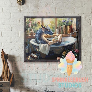 Bagno del drago blu - Stampa digitale fantasy accogliente - Stile pittura a olio