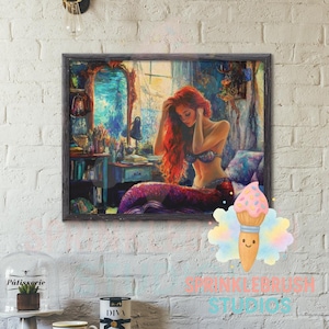 Red Mermaid Reading – Ocean Fantasy Digital Art Print - Oil Painting Style