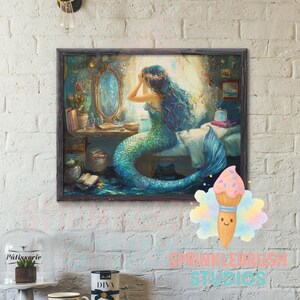 Blue Mermaid Vanity – Tranquil Fantasy Digital Print - Oil Painting Style