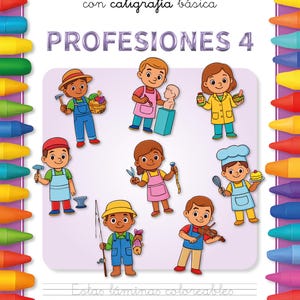 May include: A children's coloring book titled "PROFESIONES 4" with illustrations of various professions. The cover features colorful crayons and text in Spanish, with space for the owner's name.