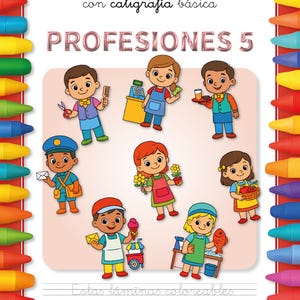 May include: A Spanish language children's colouring book titled "PROFESIONES 5" featuring illustrations of different professions. The cover has colourful crayons and text. The book includes space for personalization.