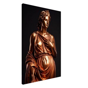 May include: A bronze-colored statue of a woman in classical attire, set against a dark background. The statue features detailed drapery and a serene expression, capturing the essence of classical art.