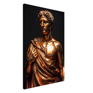 May include: A golden statue of a man with curly hair and a draped garment. The statue is set against a black background, creating a striking contrast. The sculpture is a classical representation, with detailed facial features and a muscular physique.