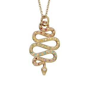 Rainbow Serpent Pendant - 18ct Fairtrade Gold Snake Charm Necklace with Diamonds, a Ruby and a Sapphire. Artisan Gold Amulet.