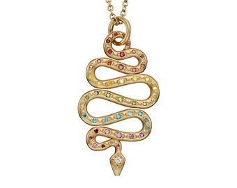 Rainbow Serpent Pendant - 18ct Fairtrade Gold Snake Charm Necklace with Diamonds, a Ruby and a Sapphire. Artisan Gold Amulet.