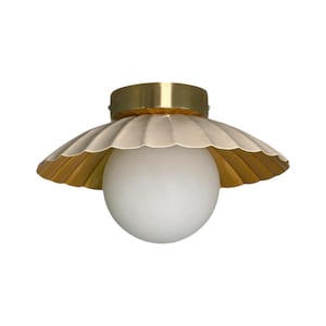 Art Deco Cream and Gold Flush Mount Lamp with Milk Glass Globe.