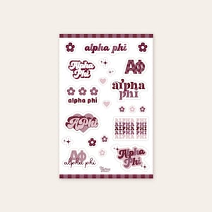 May include: A sticker sheet featuring various designs in shades of maroon and light pink. The stickers include the text Alpha Phi in different fonts, Greek letters, flowers, hearts, and star shapes. The text the darling effect is printed at the bottom.