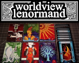 May include: A set of Lenormand cards with colorful illustrations. The cards are laid out in a grid pattern, with the following cards visible: The Self, The Rider, The Sun, The Ship, The Heart, The Tree, and The House. The cards are part of the Worldview Lenormand deck.