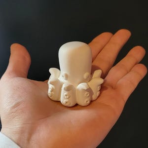May include: A small, white octopus figurine with a rounded head and eight tentacles. The octopus has detailed suckers on its tentacles and is held in a person's hand. The figurine is made of a smooth, matte material.