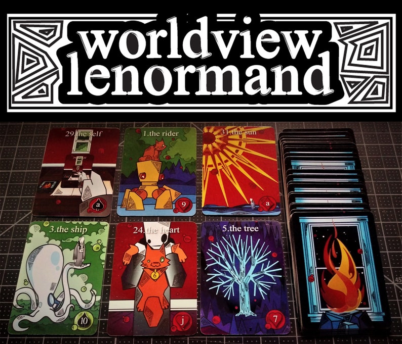 May include: A set of Lenormand cards with colorful illustrations. The cards are laid out in a grid pattern, with the following cards visible: The Self, The Rider, The Sun, The Ship, The Heart, The Tree, and The House. The cards are part of the Worldview Lenormand deck.