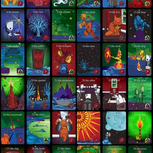 May include: A set of 36 illustrated playing cards with a variety of colorful images and text. The cards are arranged in a grid pattern, with each card featuring a different image and text. The images include a rider, a clover, a ship, a scythe, a broom, birds, a house, a tree, clouds, a child, a fox, a bear, a snake, a coffin, a bouquet, stars, a stork, a dog, a tower, a garden, mountains, other people, a self, lilies, crossroads, mice, a heart, the sun, the moon, a key, a ring, a book, a letter, a fish, an anchor, and a cross.