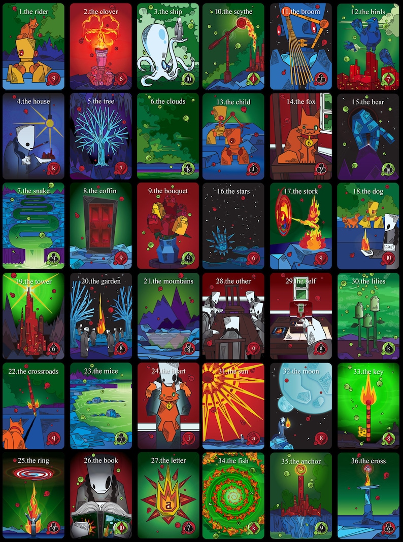 May include: A set of 36 illustrated playing cards with a variety of colorful images and text. The cards are arranged in a grid pattern, with each card featuring a different image and text. The images include a rider, a clover, a ship, a scythe, a broom, birds, a house, a tree, clouds, a child, a fox, a bear, a snake, a coffin, a bouquet, stars, a stork, a dog, a tower, a garden, mountains, other people, a self, lilies, crossroads, mice, a heart, the sun, the moon, a key, a ring, a book, a letter, a fish, an anchor, and a cross.