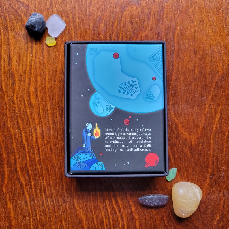 May include: A black box with a blue and red illustration of a planet and a figure standing on a rock. The text on the box reads: "Herein find the story of two mutual, yet separate, journeys of substantial discovery: the re-evaluation of revelation and the search for a path leading to self-sufficiency."