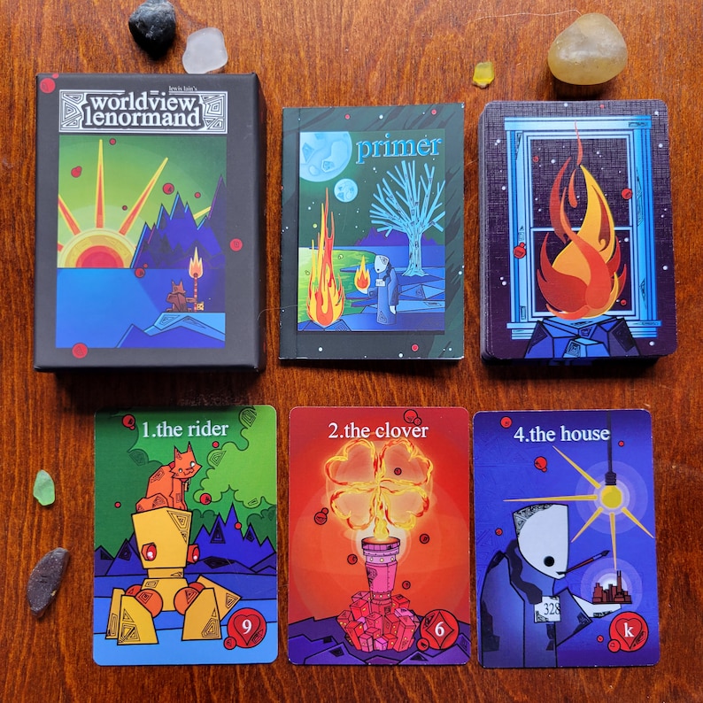 May include: A set of ten tarot cards with colorful illustrations and text. The cards are arranged in two rows of five. The top row includes the cards "Worldview Lenormand", "Primer", "The House", "The Rider", and "The Clover". The bottom row includes the cards "The Rider", "The Clover", "The House", "The Rider", and "The Clover".