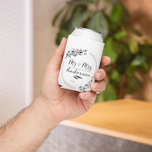 Custom Wedding Can Cooler – Mr and Mrs Personalized Koozie – Bridal Shower Favor – Wedding Gift – Custom Last Name Drink Holder