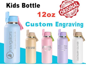 Laser Engraved  12oz Water Bottle For Kids, Personalized Bottle with Leak-Proof Lid & Straw, 304 Stainless Steel Toddler Cup, School Bottle