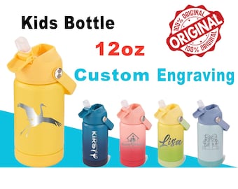 Custom 12oz Kids Water Bottle | Laser Engraved Toddler Bottle with Straw & Handle, Non-Slip Silicone Base, Gift for Children