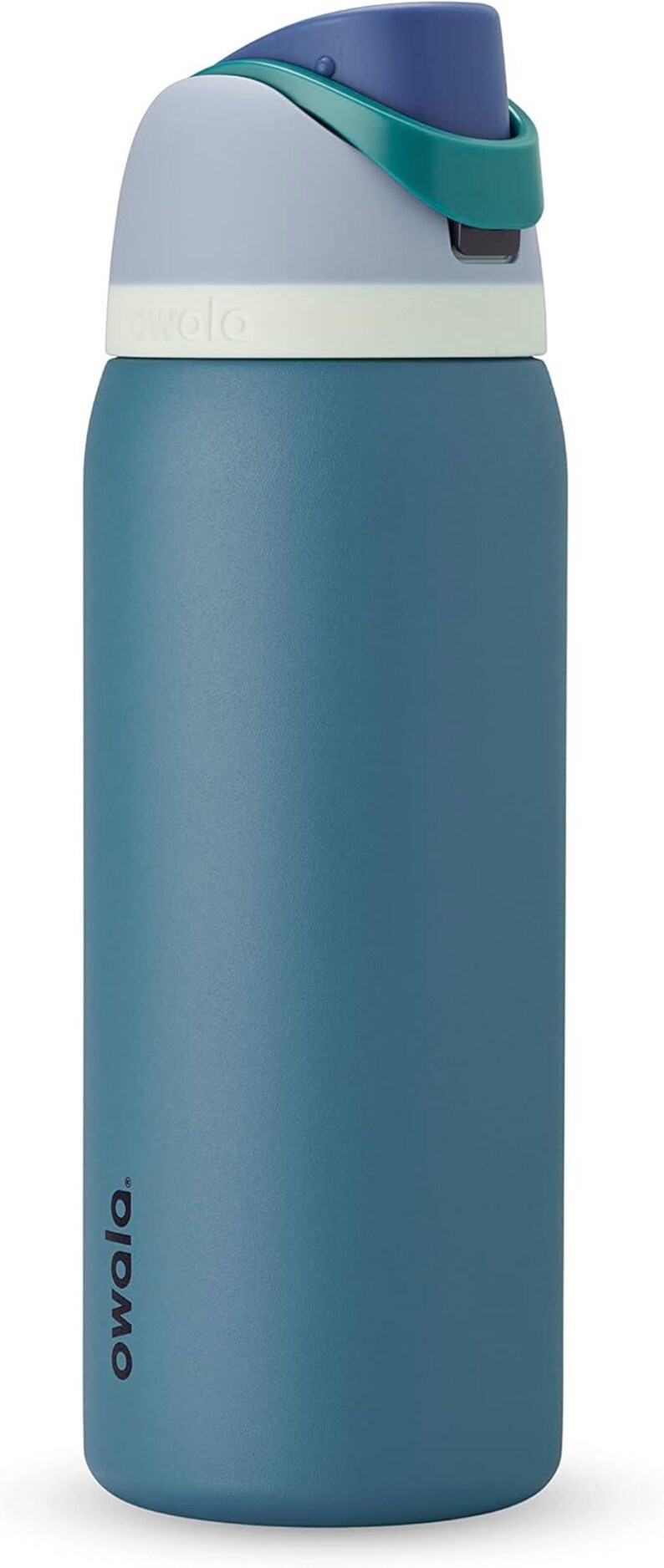 May include: A teal-colored water bottle with a contrasting light gray lid and a dark blue handle. The bottle has the brand name "owala" printed vertically on the side. The lid features a teal accent.