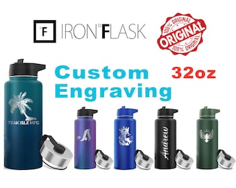 Garrafa de água personalizada com cantil de ferro: garrafa de aço inoxidável de 32 onças gravada a laser, garrafa com logotipo personalizado, presente de Halloween, presente para ele