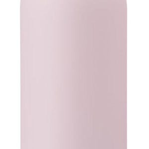 May include: A light pink Owala water bottle with a yellow and maroon lid. The lid has a maroon handle and a beige spout. The word "owala" is printed in maroon on the bottle.