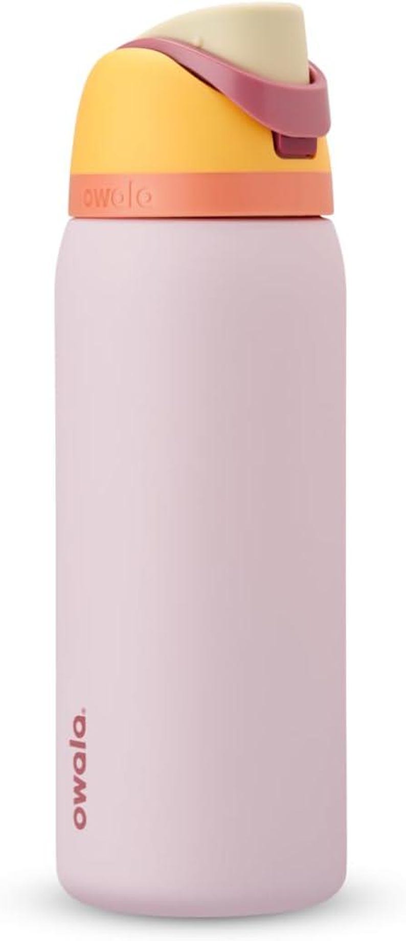 May include: A light pink Owala water bottle with a yellow and maroon lid. The lid has a maroon handle and a beige spout. The word "owala" is printed in maroon on the bottle.