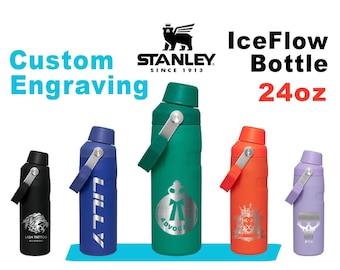 24oz Stanley Ice Flow Fast Flow Bottle | Personalized Stainless Steel Bottle with cap holder | Laser Engraved Bottle with Angled Spout Lid.