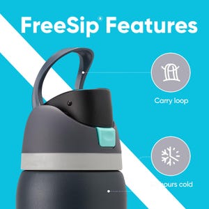 May include: Close-up of a dark gray water bottle with a black lid and a teal button. The bottle has a gray carry loop and the text "FreeSip Features" is at the top. The bottle is designed to keep liquids cold.