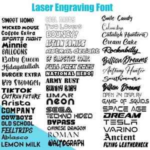May include: An image displaying a range of fonts under the heading "Laser Engraving Font." The selection includes diverse styles, from bold to script, ideal for engraving. The text features words such as "Dream" and "Tesla", offering design versatility.