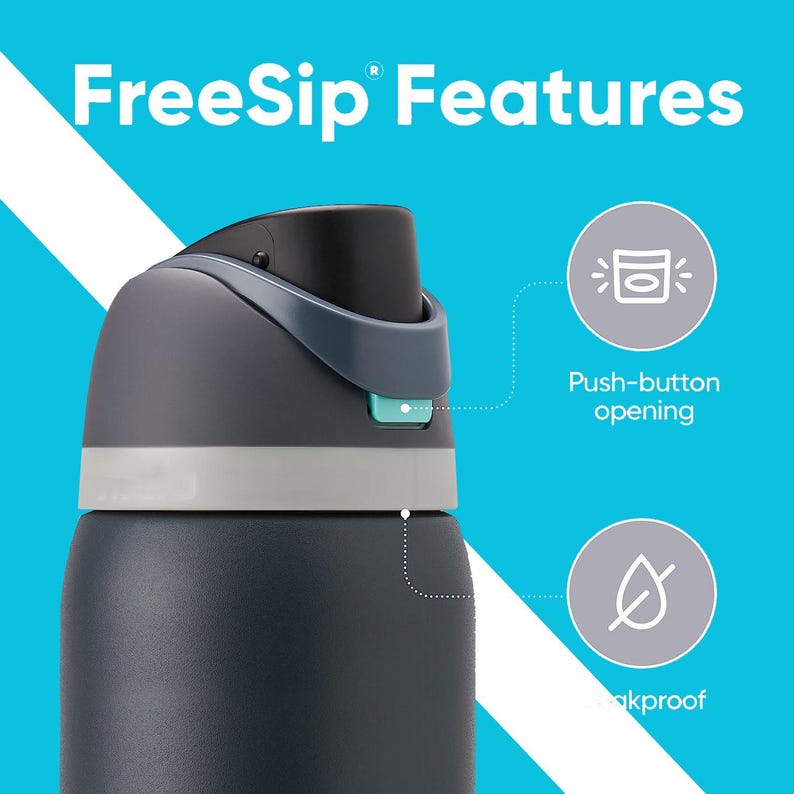 May include: A dark gray water bottle with a black lid and a light blue button. The bottle has a white band around the middle. The text "FreeSip Features" is at the top. The image also shows a push-button opening and a leakproof feature.
