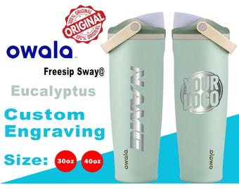 Owala eucalyptus kleur freesip waterflessen, lasergegraveerde owala, fles Owala-naam, fles Owala-logo, Zengraved Store