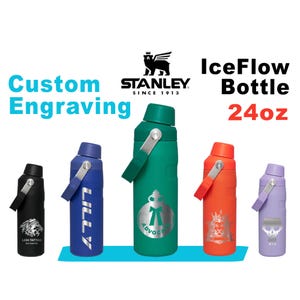 24oz Stanley Iceflow Bottle | Personalized Stainless Steel Bottle with cap holder | Laser Engraved Bottle with Angled Spout Lid.