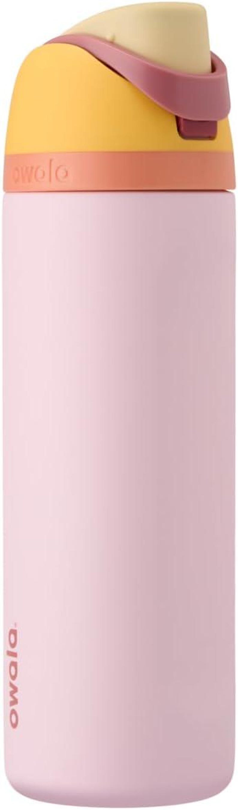 May include: A pink Owala water bottle with a yellow and pink lid. The lid has a flip-top design and a pink handle. The Owala logo is printed in pink on the side of the bottle.