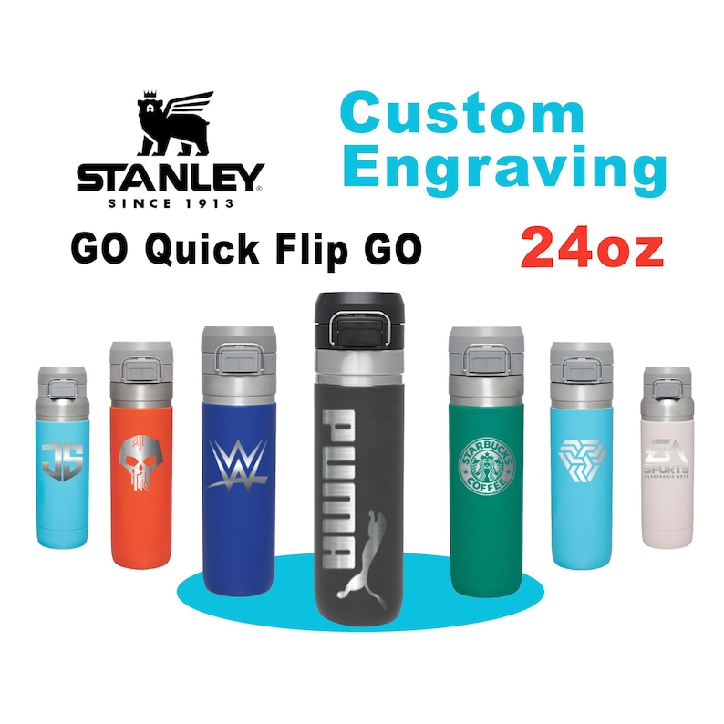 May include: A selection of Stanley GO Quick Flip GO water bottles, each with a unique design. The bottles are in various colours, including blue, orange, green, and black. The text "Custom Engraving" and "24oz" are also visible.