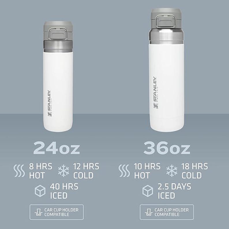 May include: Two white Stanley insulated travel mugs. The 24oz mug keeps drinks hot for 8 hours, cold for 12 hours, and iced for 40 hours. The 36oz mug keeps drinks hot for 10 hours, cold for 18 hours, and iced for 2.5 days. Both are car cup holder compatible.