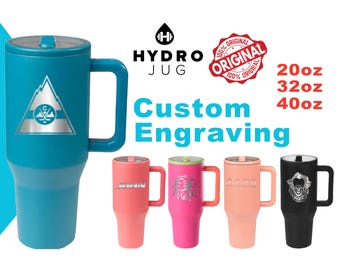 Vaso térmico Hydro Jug Traveler de 20 oz, 32 oz y 40 oz / Vaso de acero inoxidable grabado con láser / Vaso personalizado con tapa y pajita, Zengraved
