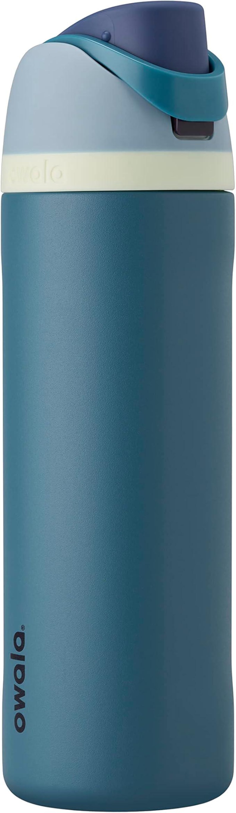 May include: A teal-colored Owala FreeSip insulated water bottle. The bottle features a flip-top lid with a built-in straw and a handle. The bottle is designed to keep drinks cold for extended periods.
