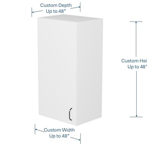 May include: A white cabinet with a handle, labeled with text indicating custom dimensions. The depth, width, and height are customizable up to 48 inches.