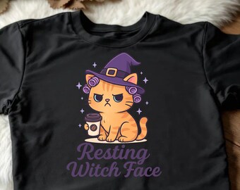 Grummelige Katze Hexe PNG - Kawaii Halloween Clipart (Digitaler Download, 300 DPI)