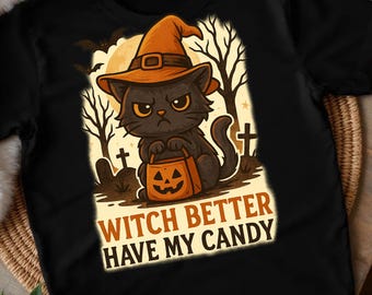 Lustige Halloween Katze PNG: Hexe Candy Design (Digitaler Download, 300 DPI
