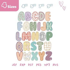 May include: A colourful alphabet design with floral, plaid, and polka dot patterns. The letters are in various sizes, with the text "4 Sizes" and measurements in inches. The image also includes file type abbreviations.