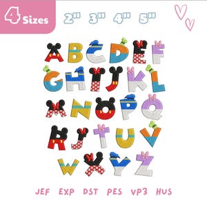 May include: A complete alphabet of embroidered letters featuring character-themed designs in red, yellow, blue, black, white, and purple. The text 4 Sizes 2" 3" 4" 5" appears at the top, with JEF EXP DST PES VP3 HUS listed at the bottom.
