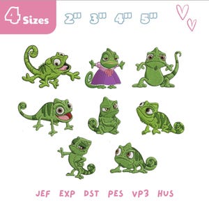 Puede incluir: Una colección de ocho diseños de bordado de camaleón verde en varias poses, incluyendo uno con un vestido morado. El texto 4 Sizes 2" 3" 4" 5" y los formatos de archivo JEF, EXP, DST, PES, VP3, HUS se muestran en rosa y azul claro.