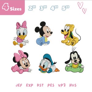 Può includere: Una collezione di sei disegni di ricamo di personaggi Disney per bambini. I personaggi includono Paperina, Topolino, Pluto, Minni, Paperino e Pippo. L'immagine include anche il testo "4 Taglie" e misure in pollici.