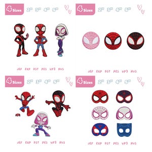 May include: A collection of embroidered patches featuring various Spider-Man characters and mask designs. The patches include characters in red, black, blue, and white. The patches are available in four sizes: 2", 3", 4", and 5".